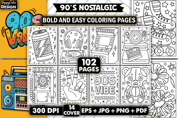 Download 90's Nostalgic Bold &amp; Easy Coloring Book - Premium Resources